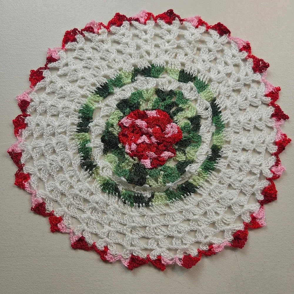 Vintage Handmade Crochet Doily Set 3D Rose Flower Lace White Red Pink 2pc